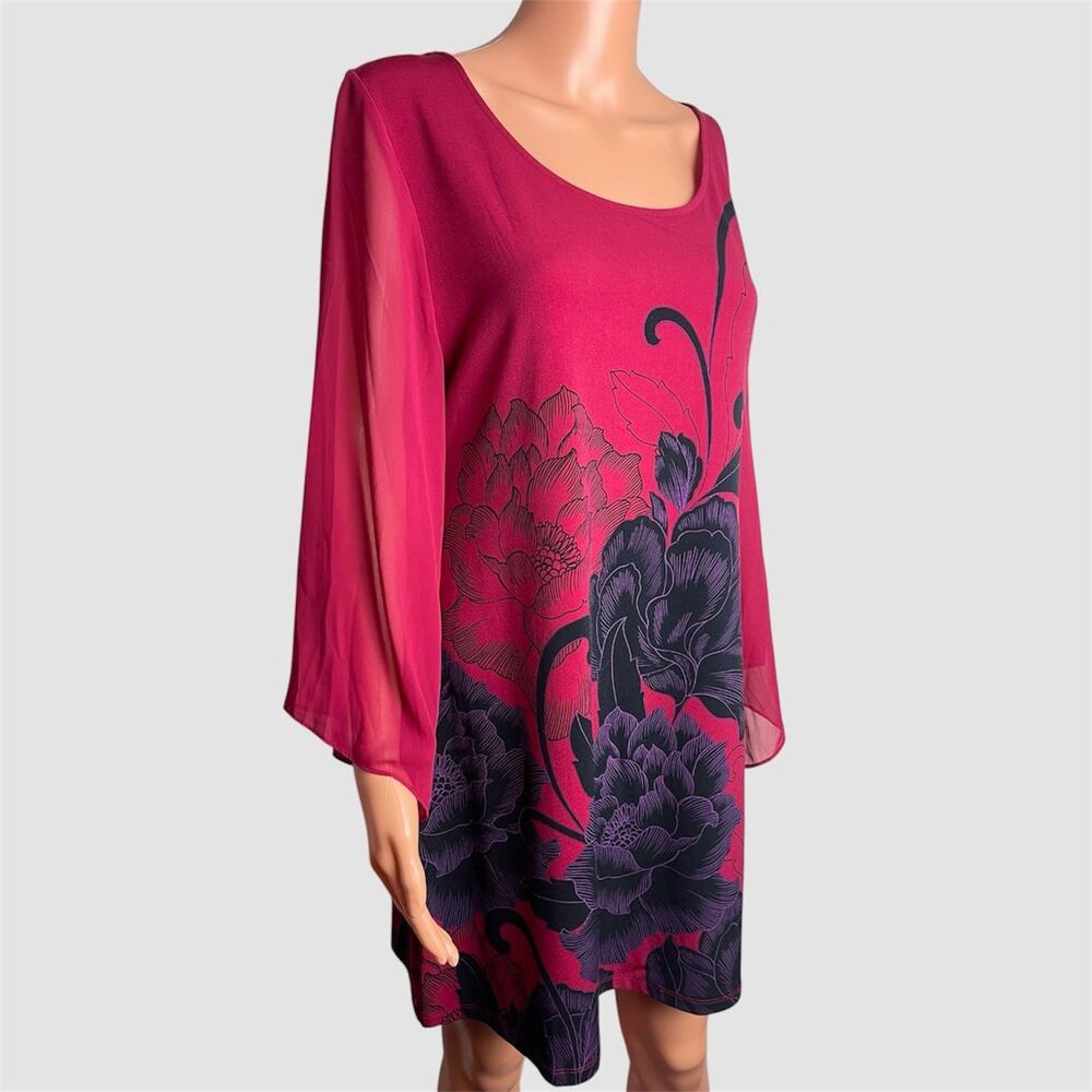 Style & Co Red & Black Dress Tunic Top Jersey Knit Long Sleeves Floral Print‎ M